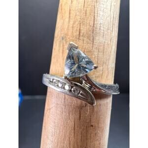 14k white gold Samuel Aaron trillion cut aquamarine and diamond ring size 6.5